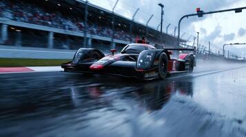 A racing car driving on a wet track photo
