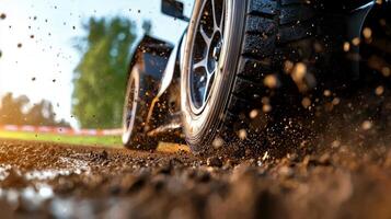 A close up of a car driving on a dirt road photo