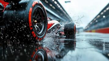 A close up of a racing car on a wet track photo