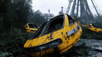 The abandoned cars are in the middle of a forest photo