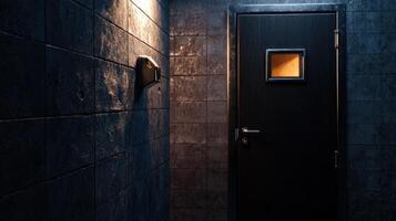 A dark room with a black door and a window photo