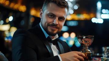 A man in a suit holding a trophy photo