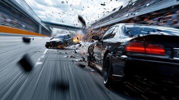A car race with two cars crashing into each other photo