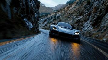 A car is driving down a wet road with yellow lights photo