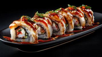 A plate of sushi with sauce and seaweed on top photo