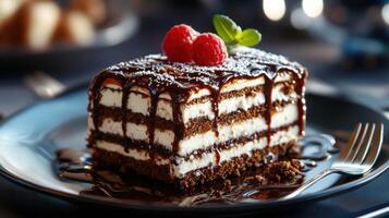 A piece of chocolate cake with a raspberry on top photo