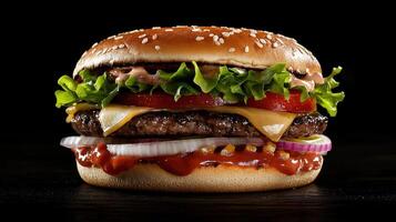 A large hamburger with lettuce, tomato, and onions on a bun photo