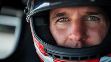 A man wearing a helmet with a red and white design photo