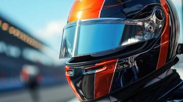 A man wearing a black and orange helmet is standing on a racetrack photo