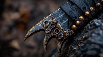 A knife with a gold handle and a black blade photo