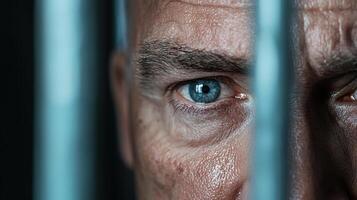 A man with blue eyes behind bars photo