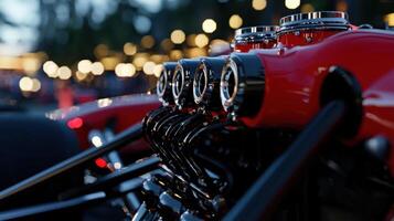 A close up of a red engine with a black frame photo