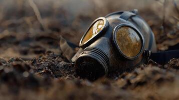 A gas mask is laying on the ground in a field photo