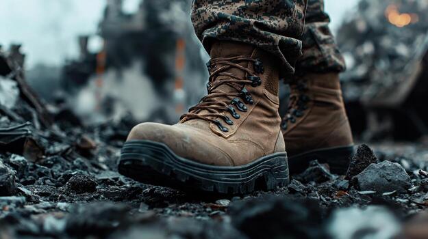 A person is standing in a pile of rubble with their boots on photo