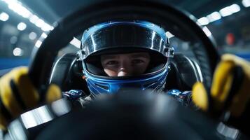 A man in a racing suit is driving a car with his hands on the wheel photo