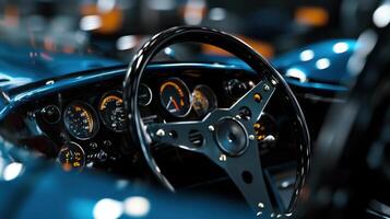 A close up of a car's steering wheel with the gauges showing the speedometer at photo