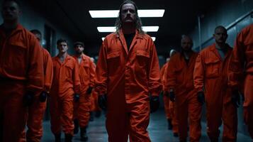 A group of men in orange jumpsuits are walking down a hallway photo