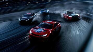 A group of racing cars are shown in a race, with one car in the lead photo