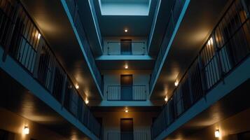 A building with a lot of windows and a lot of light photo