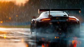 A black car is driving in the rain with its lights on photo