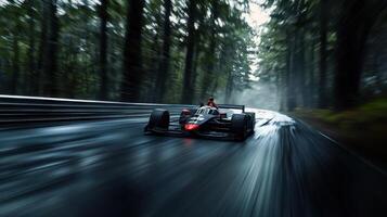 A race car is speeding down a wet road in a forest photo