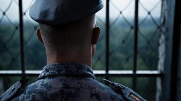 A man in a military uniform is looking out of a window photo