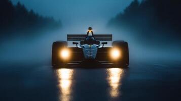 A race car is driving down a wet road at night photo