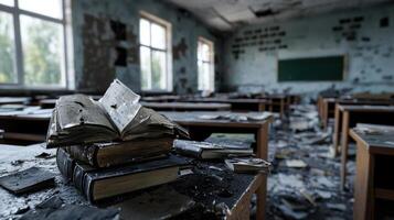 A classroom with a book on top of a stack of books photo