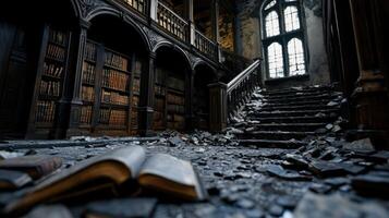 A library with a staircase and a book on the floor photo