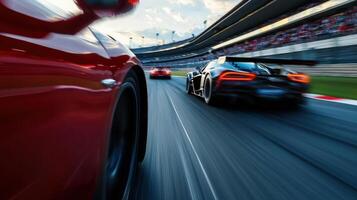 A red sports car driving on a race track photo