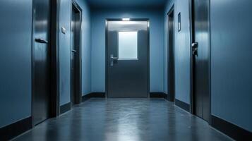 A hallway with a door in the middle photo