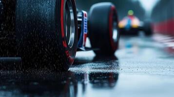 A race car with its tires wet and the other car behind it photo