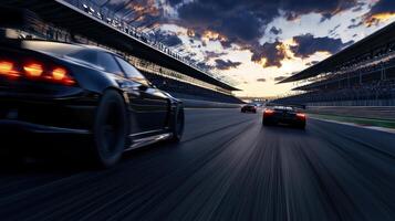 A race car is speeding down a track with a dark sky in the background photo