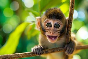 A monkey is sitting on a branch with its eyes wide open photo