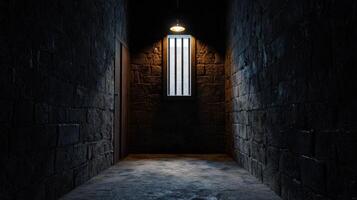 A dark, narrow hallway with a window in the middle photo