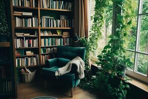 A chair and bookshelf in front of a window with plants photo