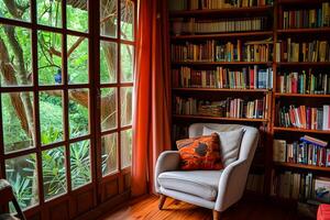 A chair in front of a window with a bookcase in the background photo