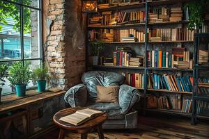 A chair in front of a window with a book on it photo