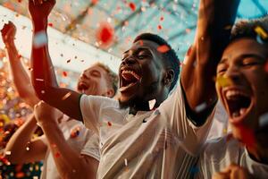 Soccer players celebrating in front of confetti photo