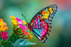A colorful butterfly is sitting on a flower photo