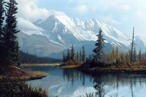 A painting of a mountain lake surrounded by trees photo