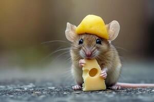 A mouse with a cheese hat on its head photo