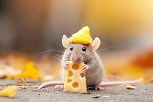 A mouse with a cheese hat on its head photo