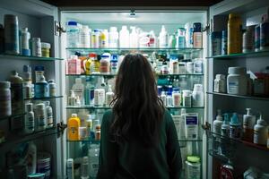 A woman standing in front of a cabinet filled with medicine photo