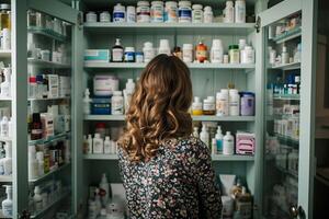 A woman standing in front of a cabinet filled with medicine photo
