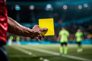 A referee holding a yellow card in front of a soccer field photo