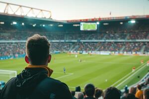 A man watching a soccer game in a stadium photo