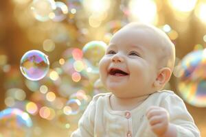 A baby smiles while playing with bubbles photo
