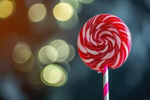 A red and white candy lollipop on a stick photo