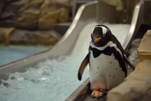 A penguin is standing on a slide at the zoo photo